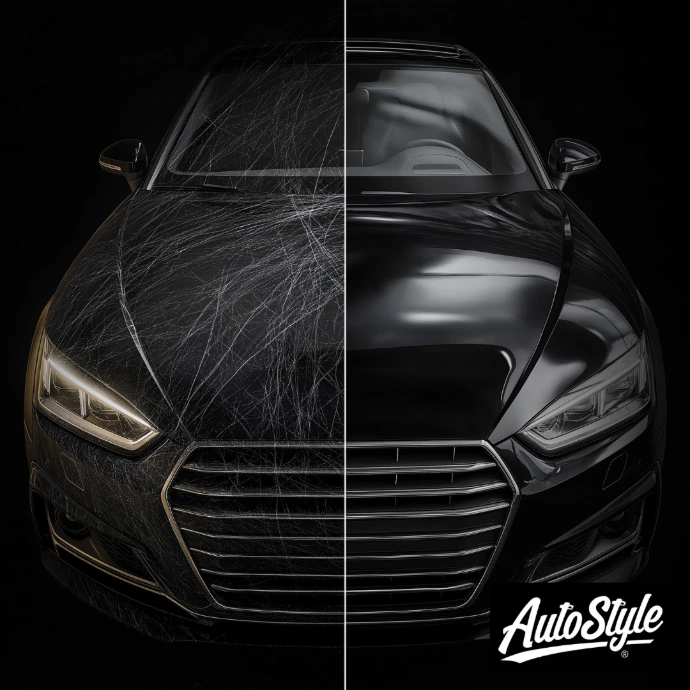 Comparativa antes y después de detailing automotriz profesional en taller especializado